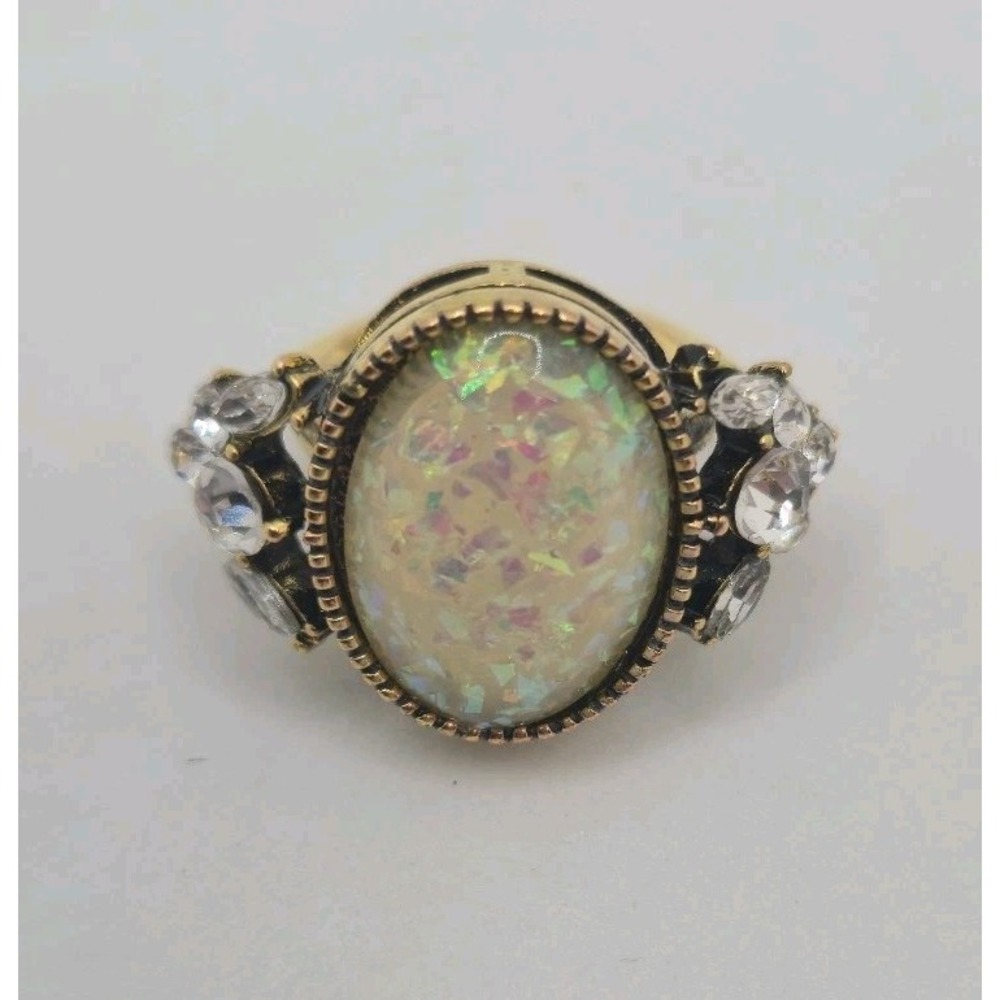 Faux Opal Rhinestone Cocktail Ring Gold Tone Size 6 Oval Vintage Large Colorful